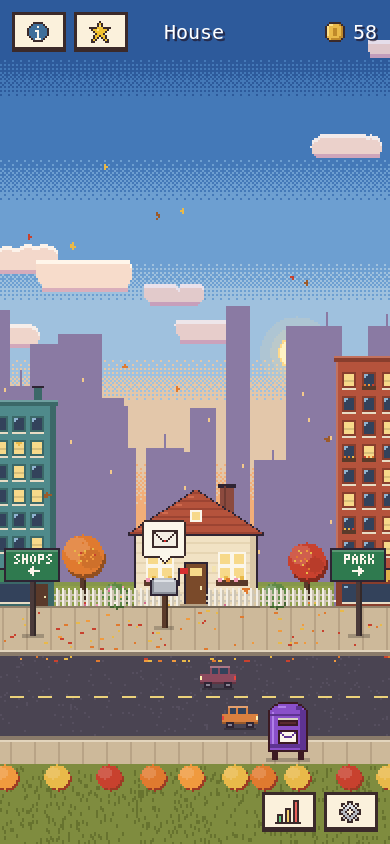 A cream house with a red roof and a mailbox, with a new-mail bubble